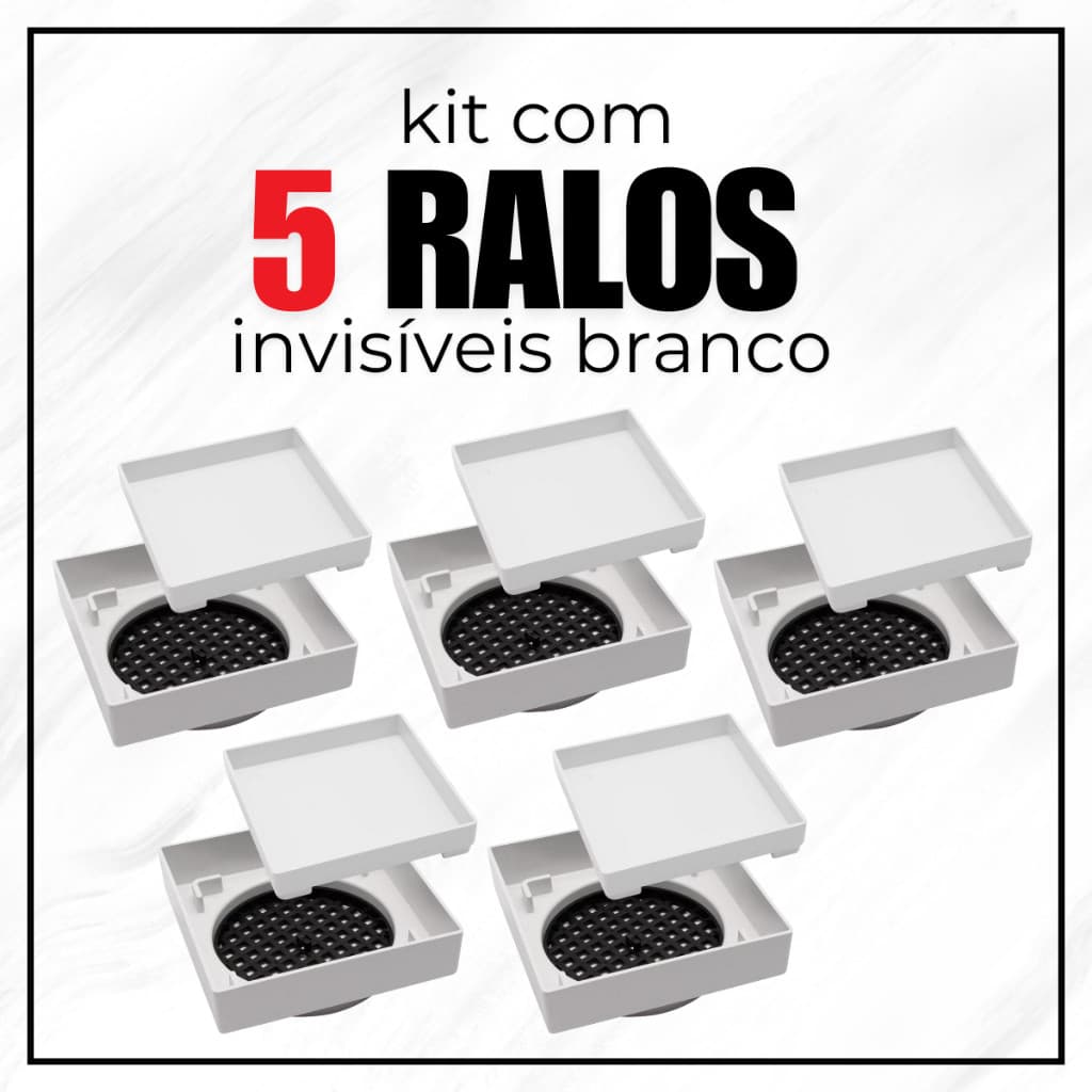 Kit com 5 Ralos Tampa Invisível SS Lares 10x10 – Branco ou Cinza – Design Moderno