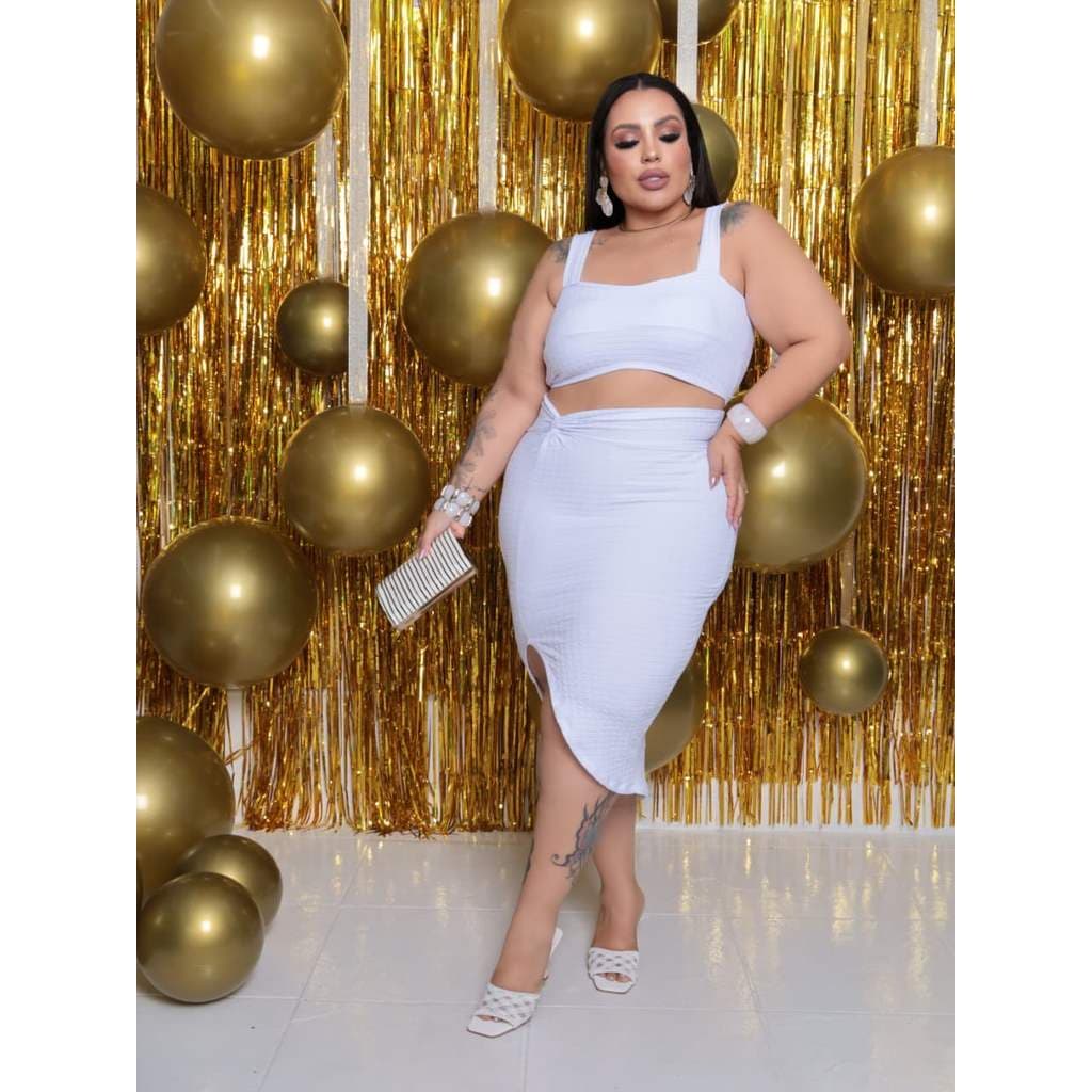 Conjunto Plus Size Blogueira Saia Midi E Top Alça Varias Cores
