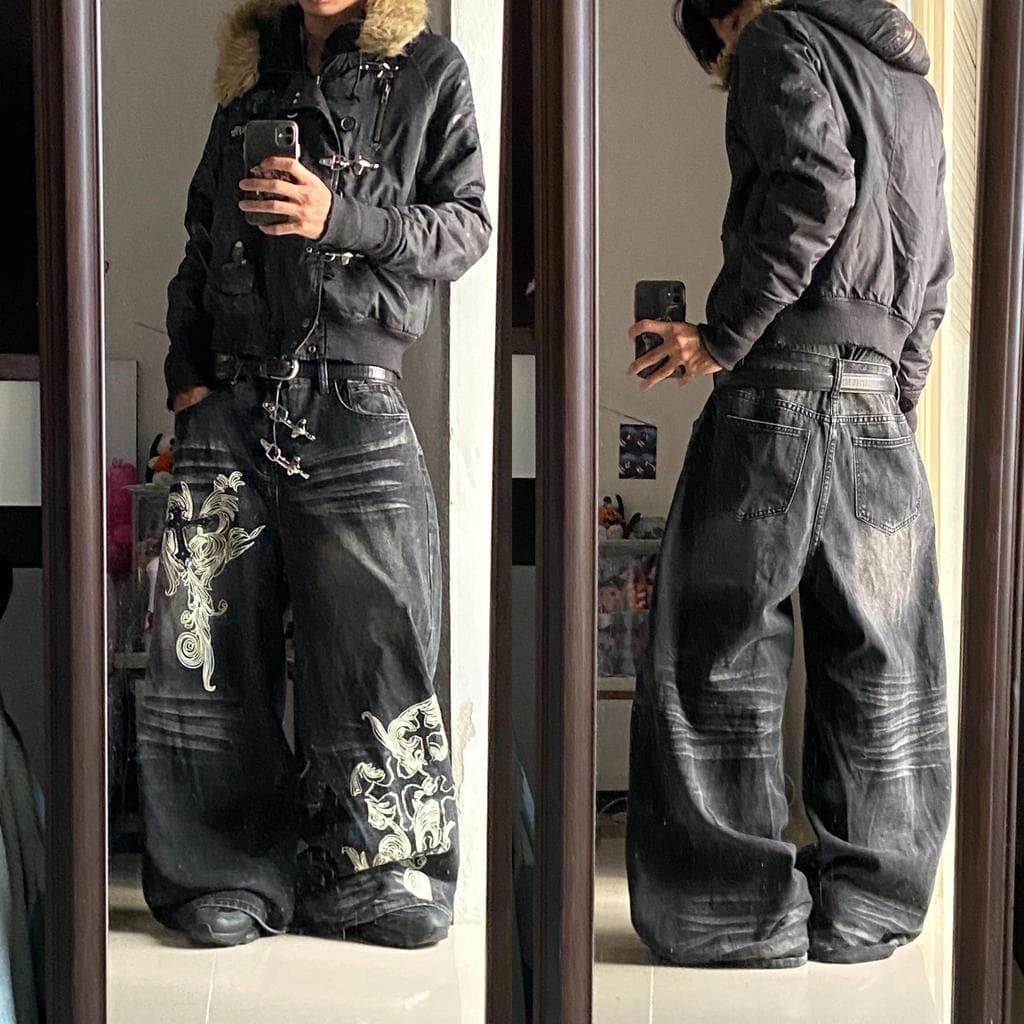 Harajuku Rua Retro Impressão Baggy Jeans Y2K Tendência Hip Hop Moda Casual Casal Calças De Perna Larga Streetwear