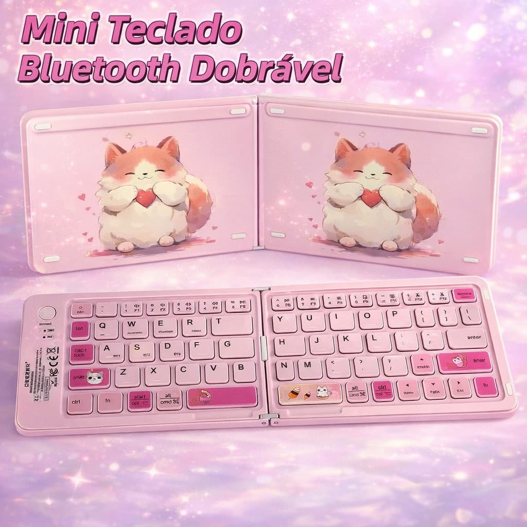 Mini Teclado Dobrável Ultra Fino Bluetooth com Gatinhos Portátil USB-C 67 Teclas Recarregável Leve Bolsa Viagem Notebook