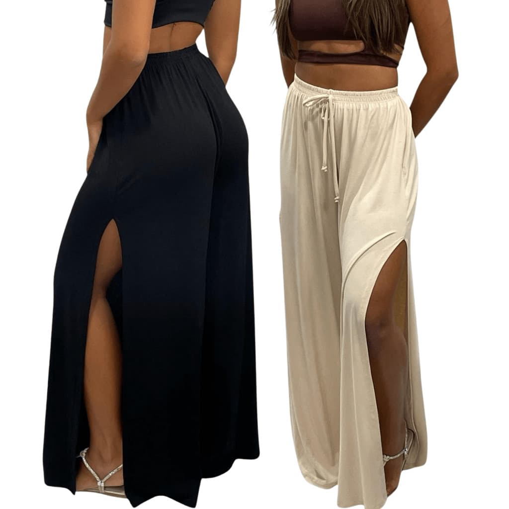KIT 2 Calça Pantalona Feminina Cintura Alta com Fenda Lateral em Viscolycra Premium