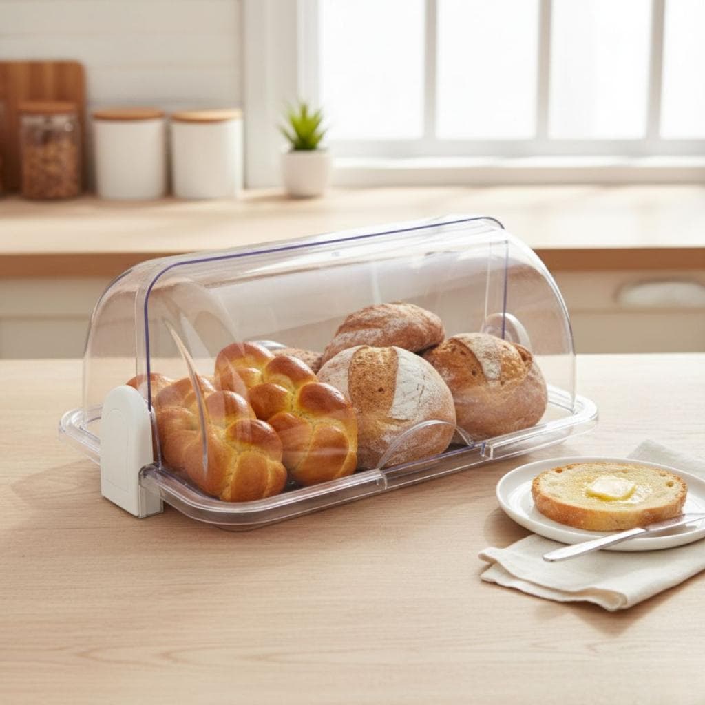 Porta Pão Acrílico Cristal Com Tampa Basculante Organização Cozinha Armazenamento Pães E Bolos