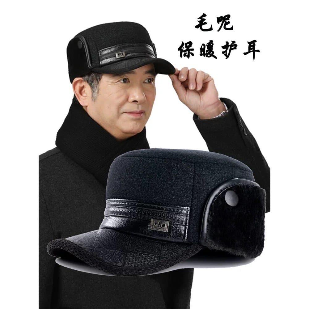 Chapéu para idosos de meia-idade masculino outono inverno engrossado quente proteção de ouvido chapéu superior plano pai
