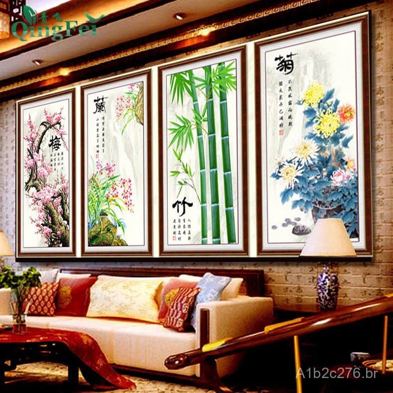 Qingfei 5D Bordado de Precisão Tridimensional com Motivos de Flor de Ameixa, Orquídea, Bambu e Crisântemo, Ponto Cruz, V