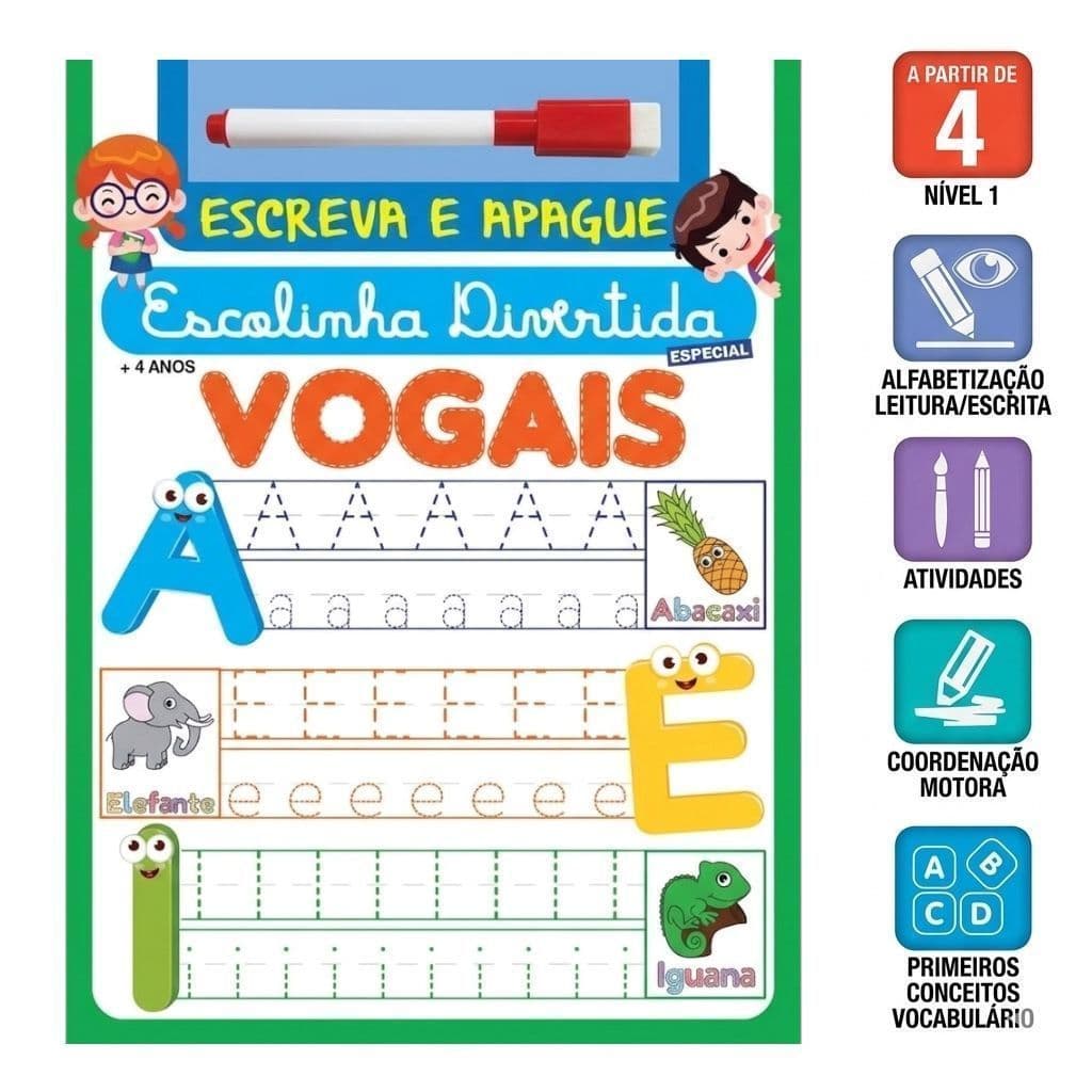 Livro Infantil Vogais Trace e Apague Reutilizável com Caneta Inclusa Alfabetização
