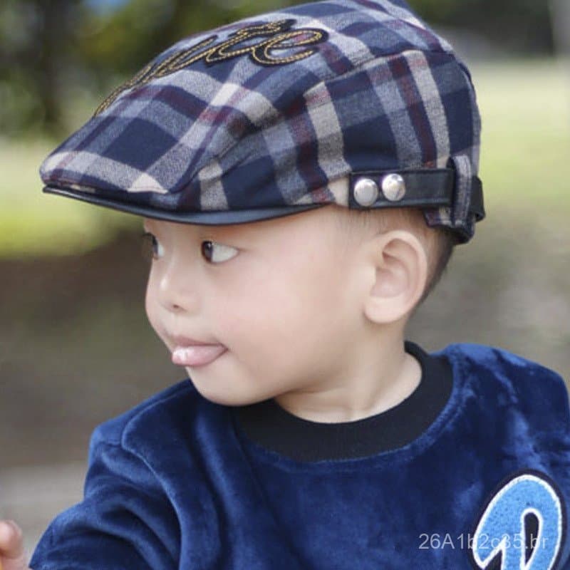 Boné infantil de outono e inverno, chapéu de bebê, boina xadrez com patchwork fofo no estilo universitário britânico, ve