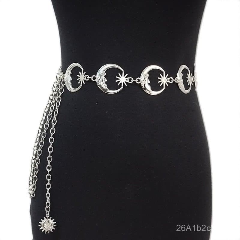 Novo cinto feminino estilo coreano, corrente decorativa casual para senhoras com fivela em formato de lua, corrente de m