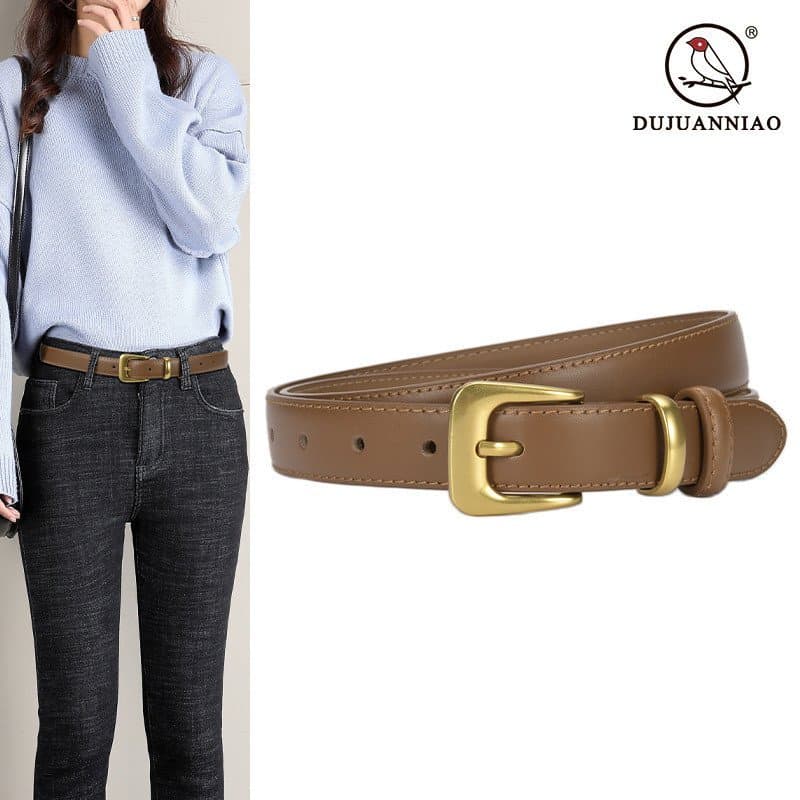 Cinto feminino de couro legítimo, elegante, simples, versátil, decorativo, preto, cinto fino para ternos femininos, esti