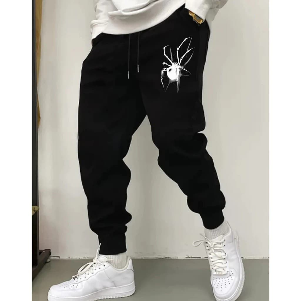Calça Moletom Masculina Jogger Aranha Treino Estampada Bege Confortável Streetwear