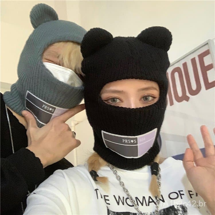 Máscara facial à prova de vento estilo japonês, gorro quente de outono e inverno com orelhas de urso, chapéu de lã trico