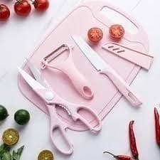 Kit 4 Utensílios Inox Tábua Faca Descascador Tesoura Cortador Preparo Alimentos Cozinha Conjunto