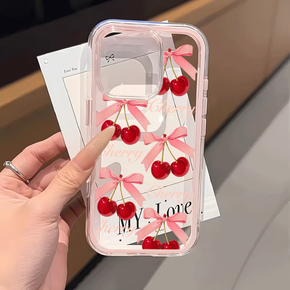 Ins Cereja Capa Capinha Para iPhone 16 15 14 Plus 13 12 11 17 Air Pro Max Acrílico Transparente 3 Em 1 Anti-queda