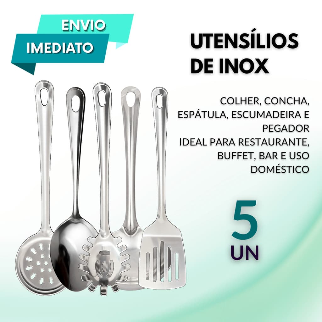 Kit Utensílios 5P Aço Inox Colher Concha Escumadeira Pegador e Espátula Vazada Cozinha Restaurante Buffet Self Service