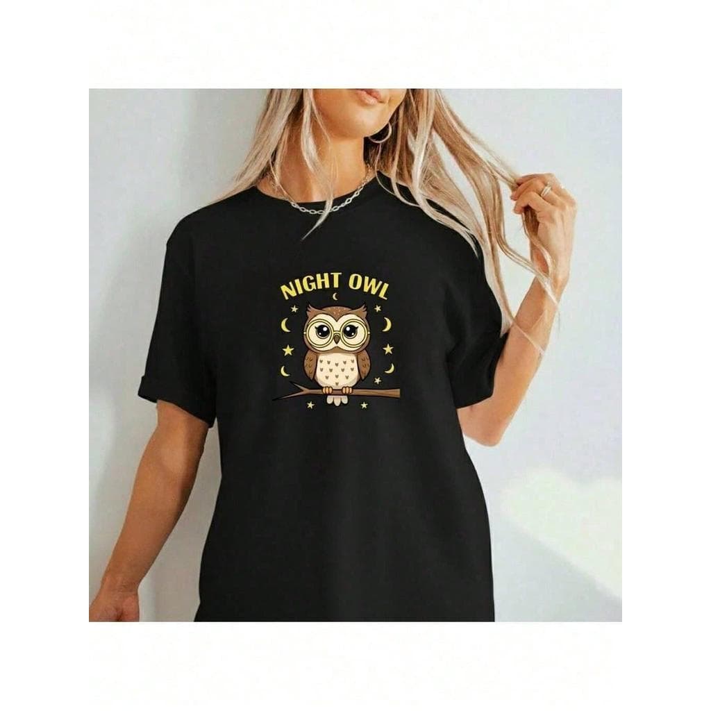 Camiseta Feminina Night Owl Blusa feminina em promoção Coruja Fofa com Óculos em Noite Estrelada Estampa Charmos