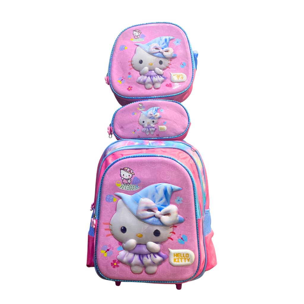 Kit Mochila Hello Kitty 3D De Rodinhas de Menina Lancheira Estojo Bolsa Escolar Rosa Alto Relevo