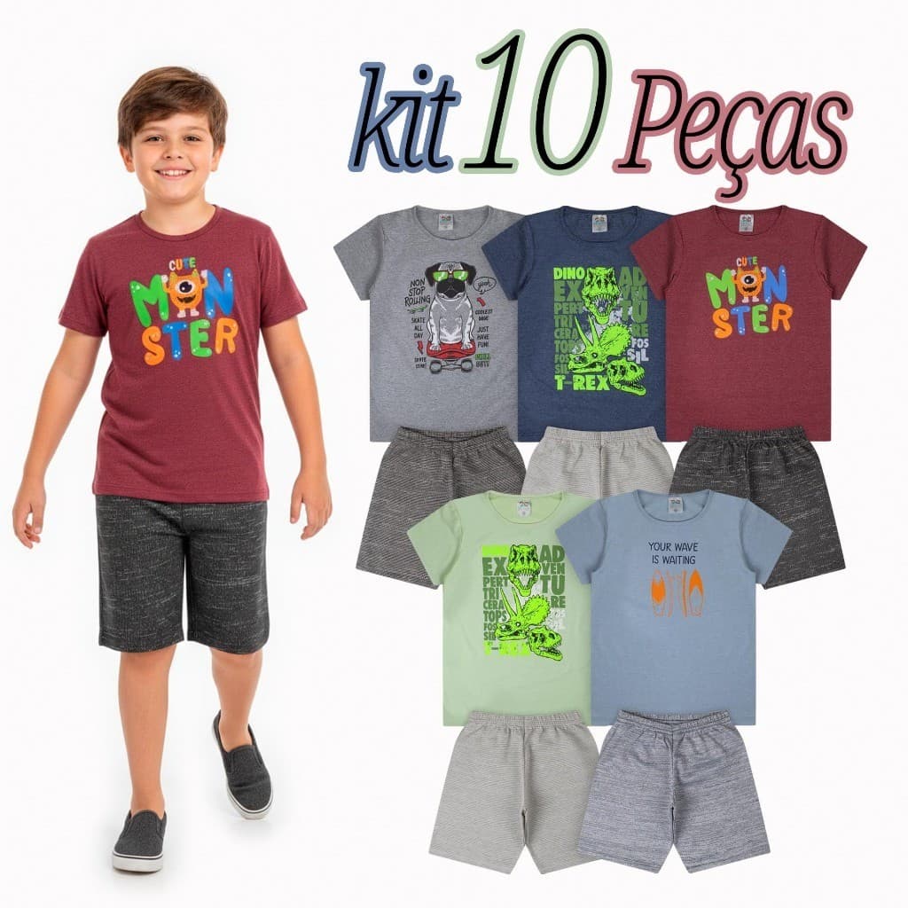 Kit Sortido 5 conjuntos de Roupas Masculino Infantil Verão – 5 Camisetas + 5 Bermudas Tamanhos 2 ao 16