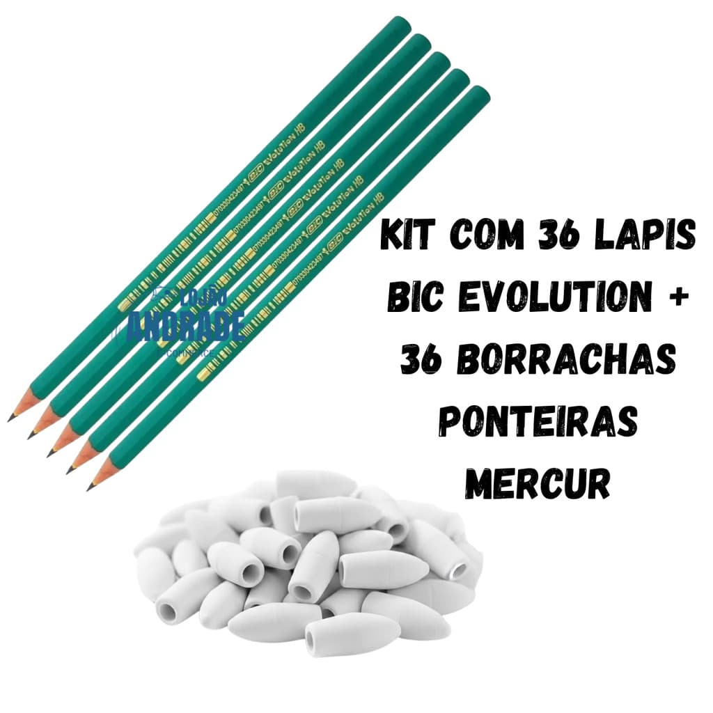 Kit Escolar Lápis Bic Evolution Hb + Borracha Ponteira Mercur Branca