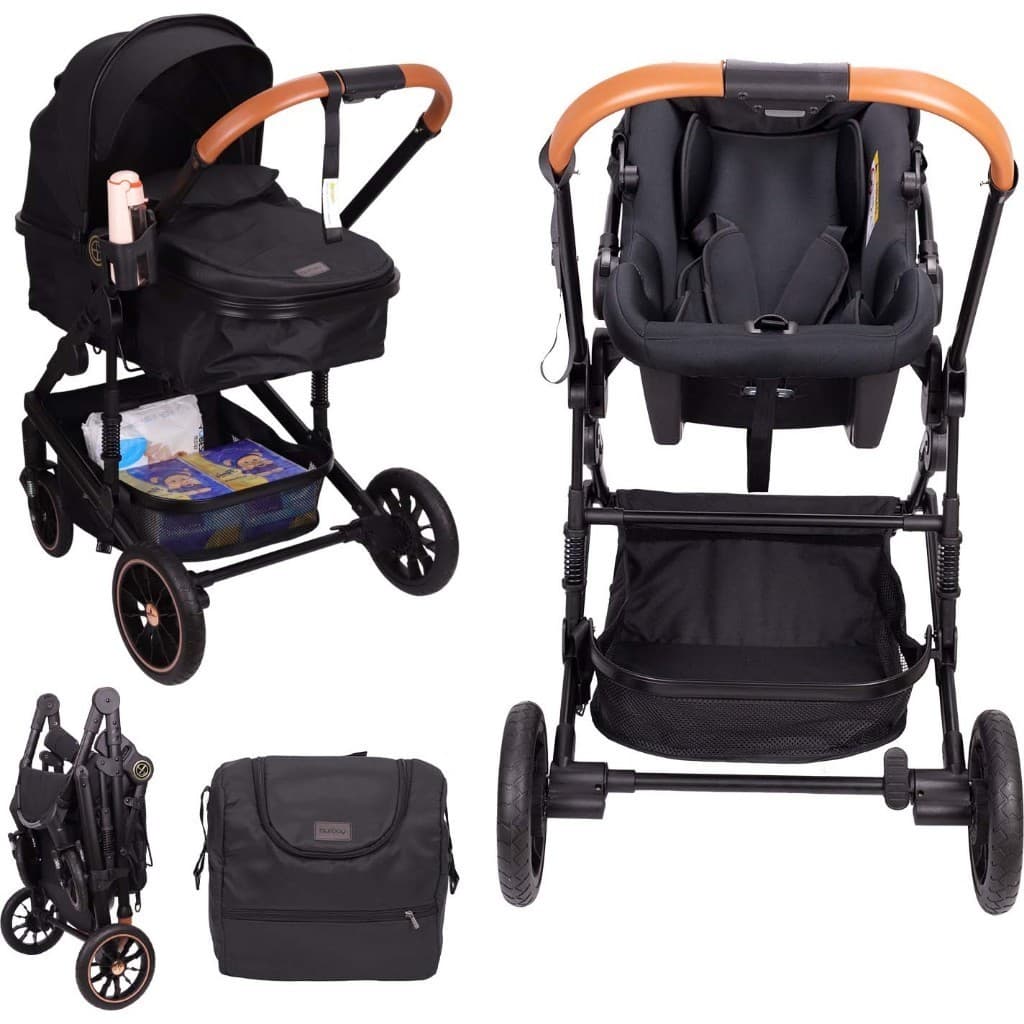 Carrinho de Bebê Premium 3 em 1 com Bebê Conforto, Reclinável, Suspensão Amortecida, Dobrável e Compacto–Luxo