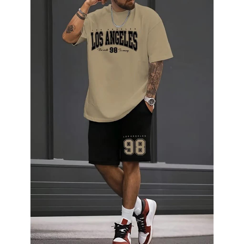 Camiseta E Bermuda Los Angeles 98 Estampa Conjunto Masculino Kit Camisa e Short Tactel