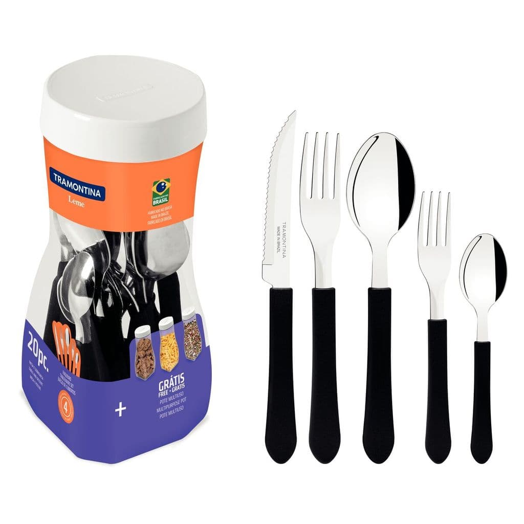 JOGO DE TALHERES FAQUEIRO INOX 20PC LEME PRETO TRAMONTINA