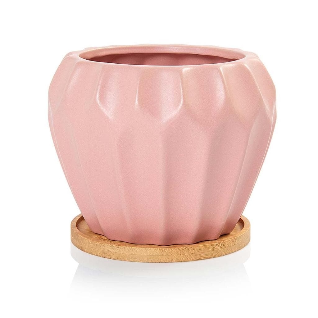 Vaso Cachepot Geometric com Prato de Bambu Rosa Fosco Pozzani