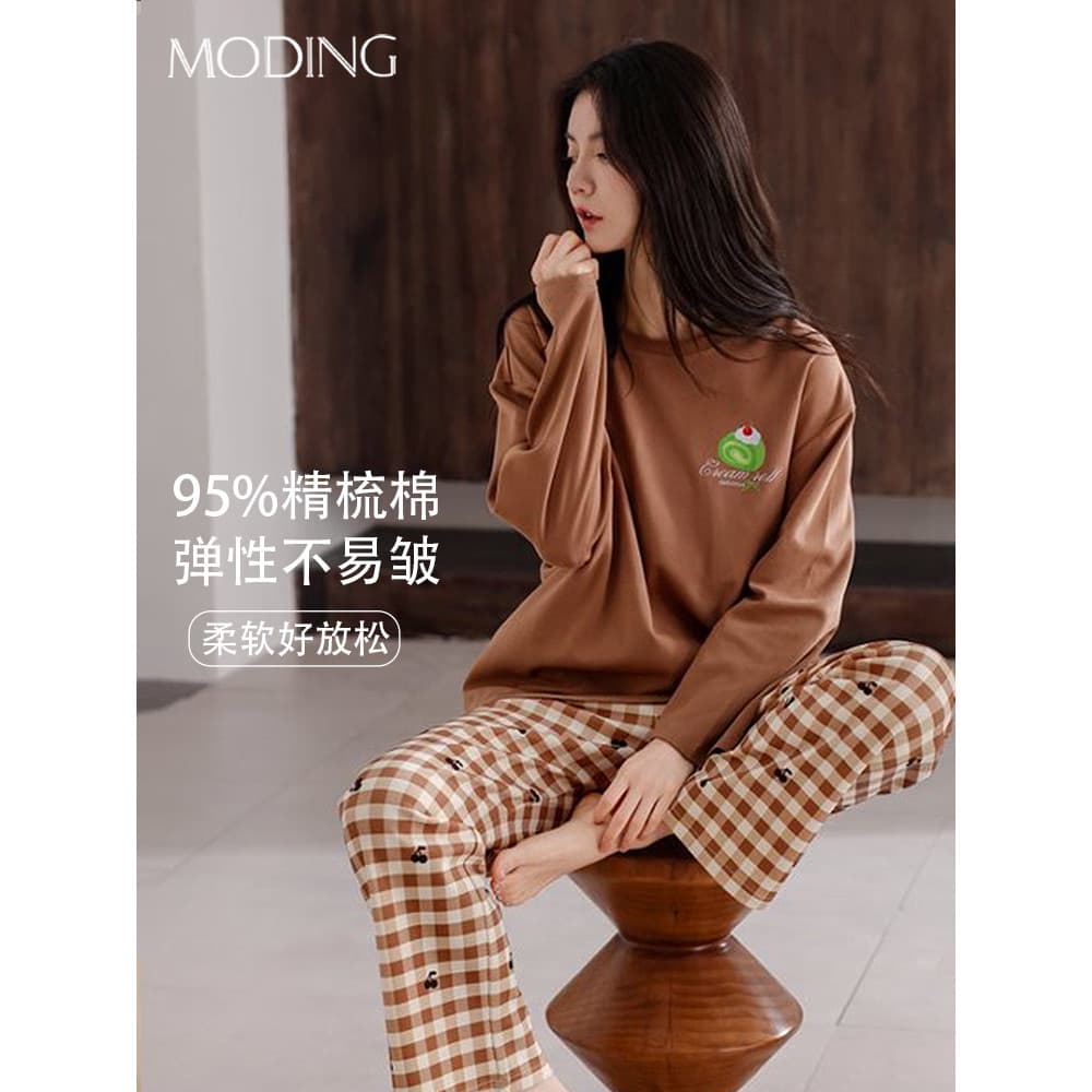 Pijamas de algodão puro feminino outono inverno manga comprida xadrez terno pele-amigável respirável Super macio tamanho