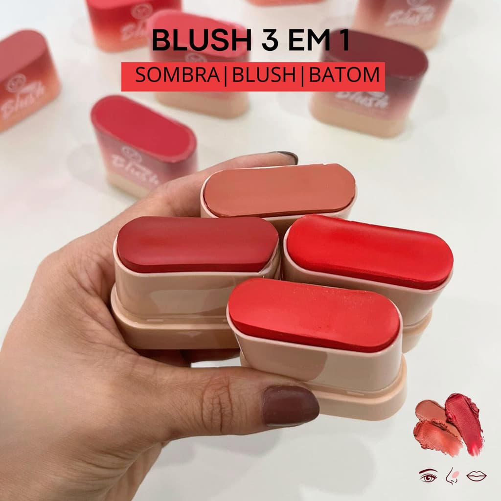 Blush em Bastão Cremoso stick Cor Natural Longa Duração 3 em 1 Sombra Batom prova d'água