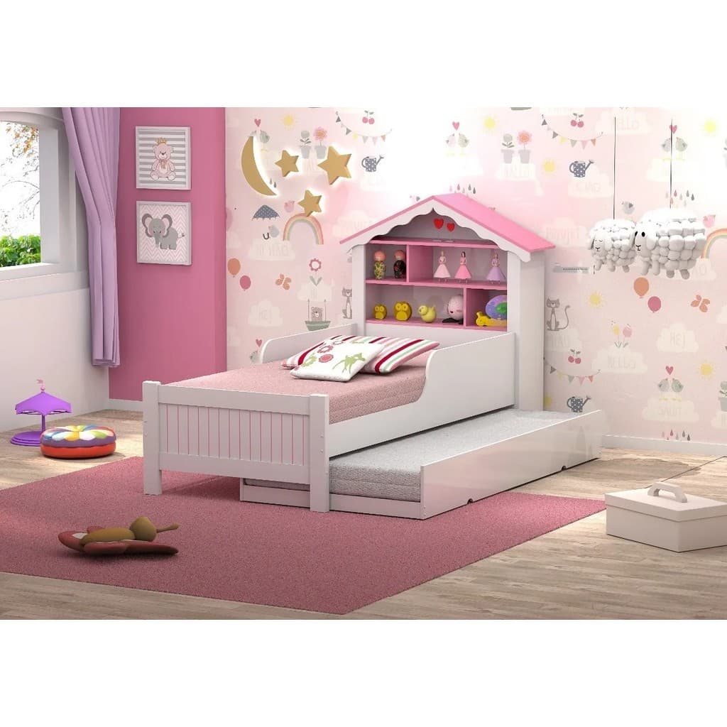 Cama Princesa Infantil Com Auxiliar 2 Colchões Solteiro Quarto Crianças Rosa Branco