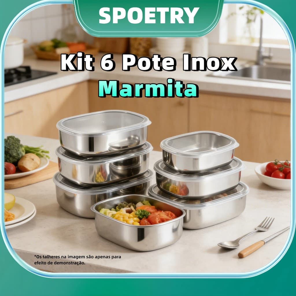 Kit 6 Tigelas Inox Com Tampa Potes Redondos 340ml a 1400ml Lancheira Marmita Jogo de Pote Hermético