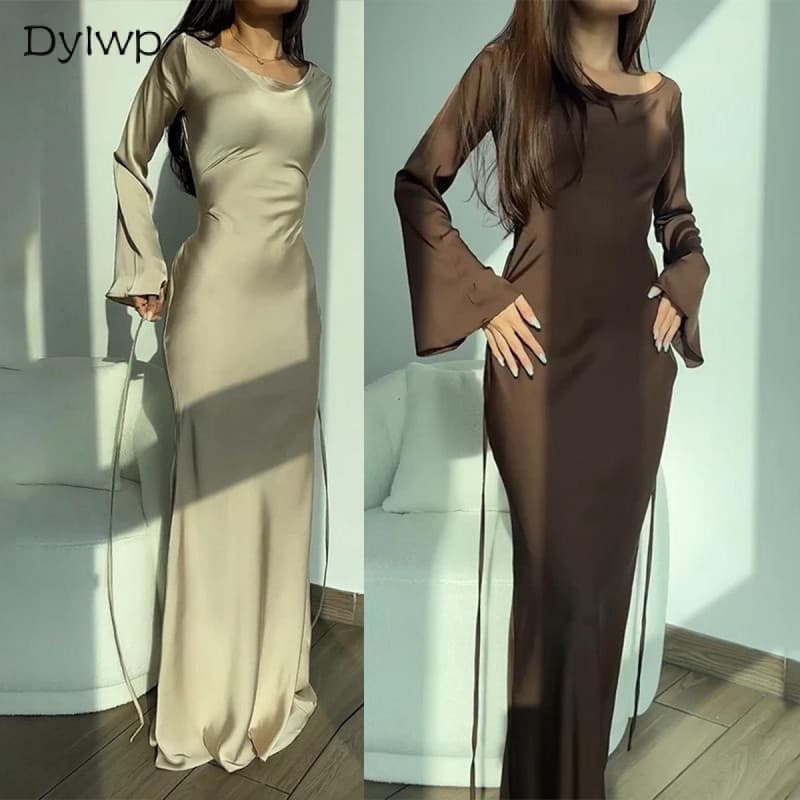 Vestido Maxi Feminino De Manga Comprida Para Primavera Verão Casual Slim Fit-- & *