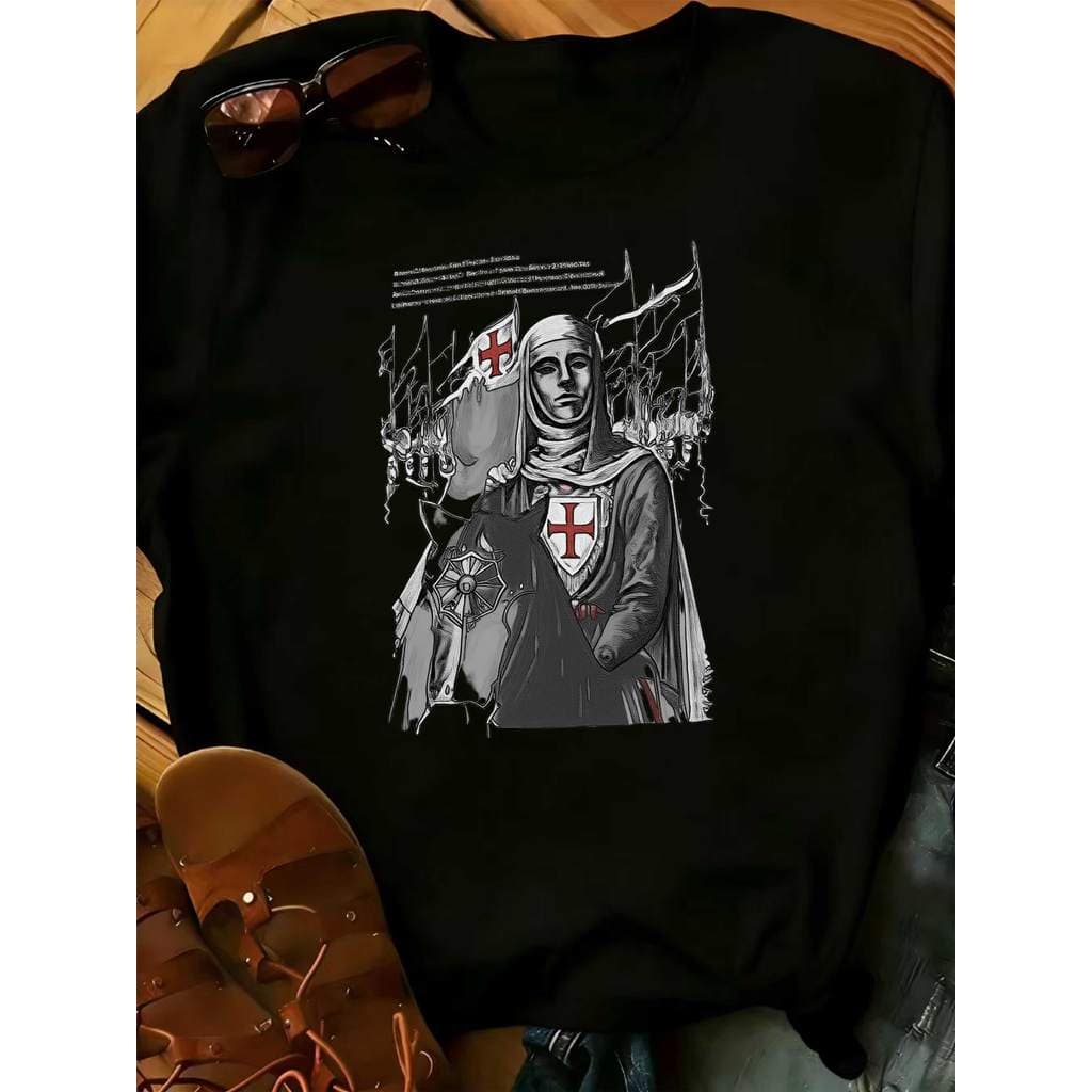 Camiseta com estampa retrô de cavaleiro templário feminino. Tema histórico medieval. Características: personagem com cro