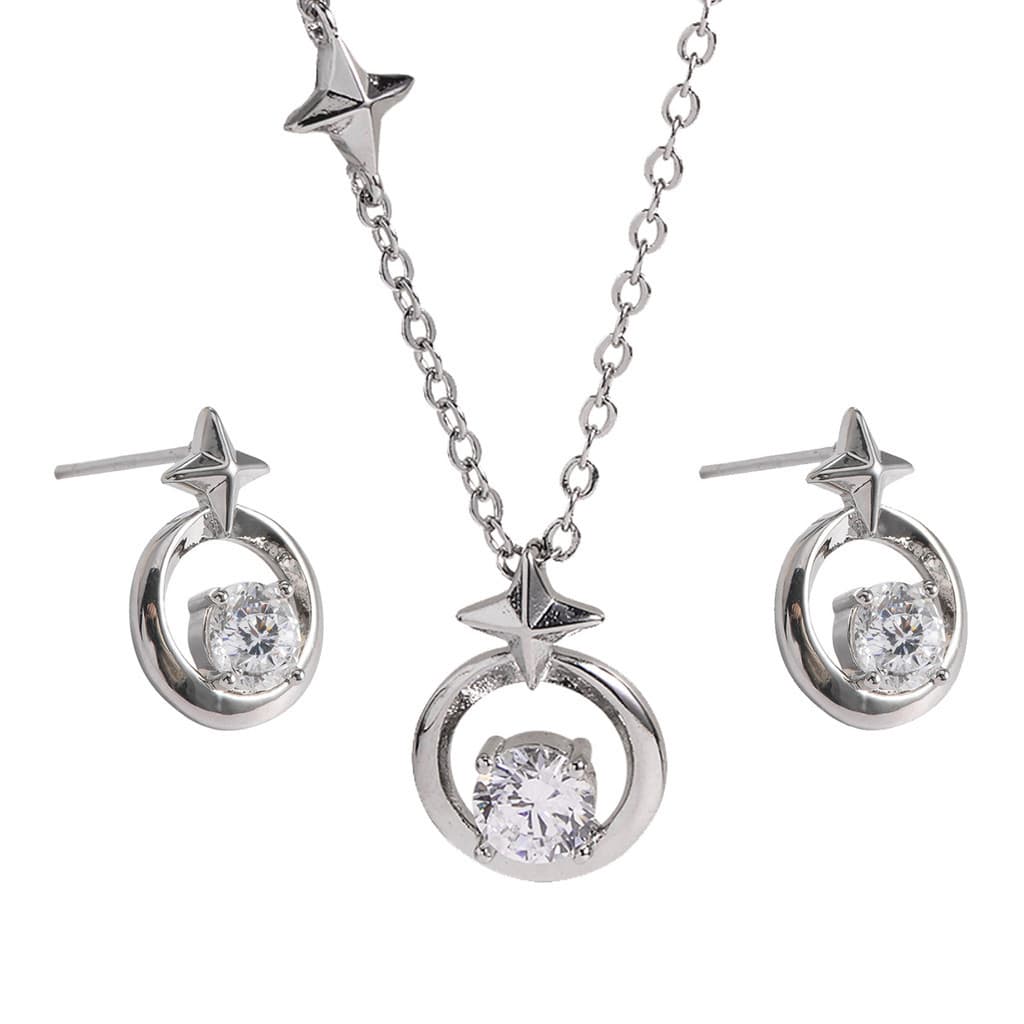 Conjunto Colar Brinco Banhado A Prata 925 Brinco Em Formato De Estrela Com Zircônias Cúbica + Colar