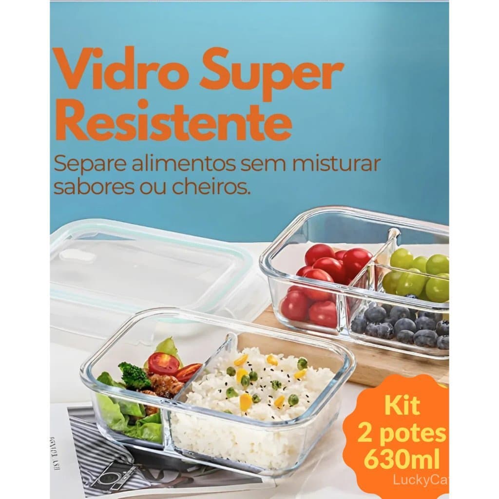 Kit 2 Potes de Vidro 630ml com Divisória e Travas Marmita Fitness Refratário Forno Microondas
