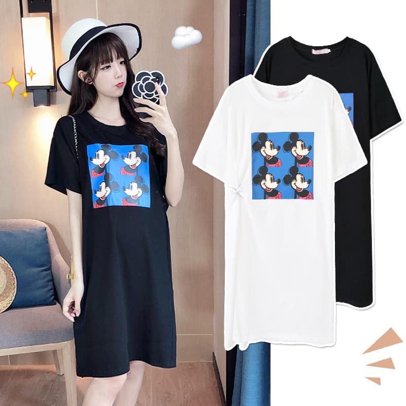 Maternidade verão terno moda tamanho grande manga curta topo solto camiseta saia verão dos desenhos animados vestido de