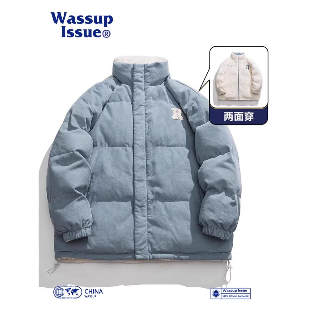WASSUP ISSUE Estilo Americano Dupla Face Cordeiro Fleece Down Jaqueta Acolchoada Estilo Masculino Jaqueta Acolchoada de