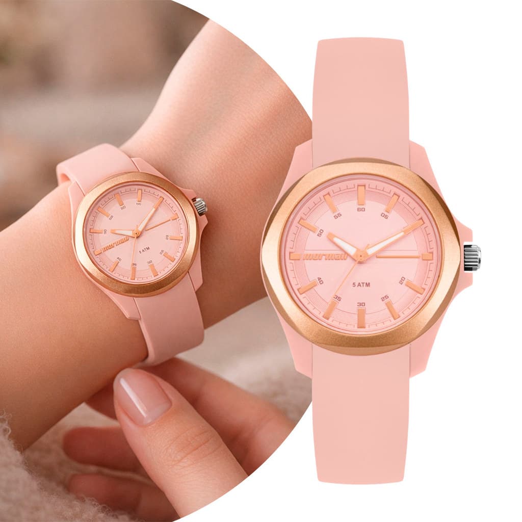 Relógio Analógico Feminino Rosa com Caixa de Polímero e Pulseira de Silicone à Prova D Água Fashion Mormaii