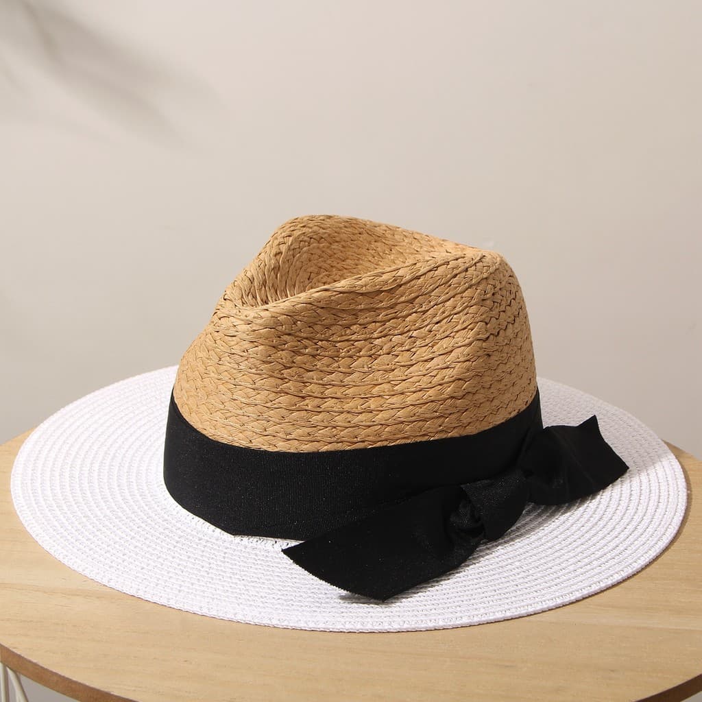 Chapéu de palha panamá de verão, protetor solar, chapéu de praia feminino, palha de ráfia e chapéu branco, chapéu de Jaz