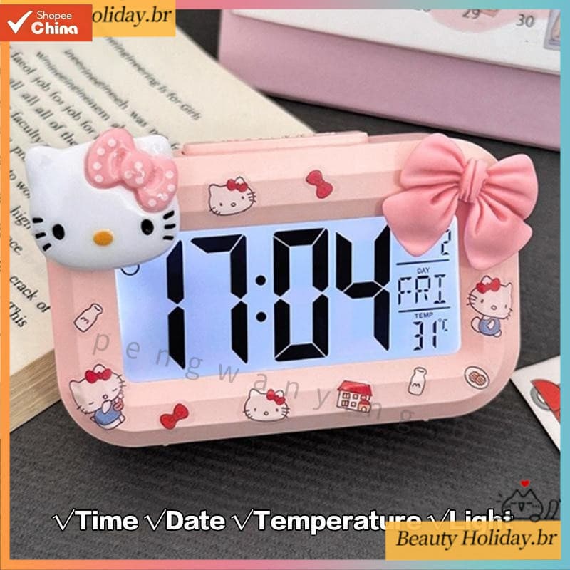 Relógio Despertador de Desenho Animado Sanrio Hello Kitty, Mini Relógio Despertador Noturno com Gato, Ornamento de Mesa