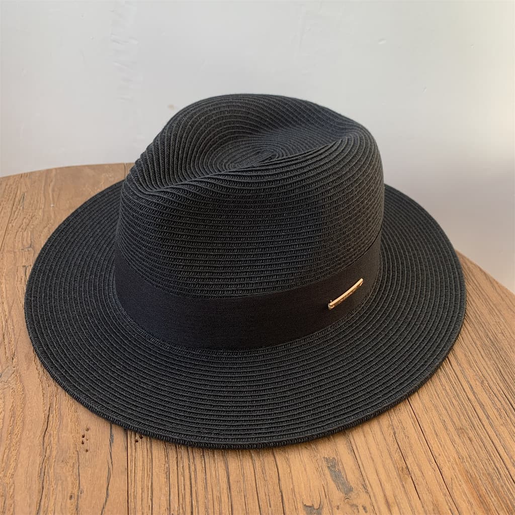 Chapéu de palha panamá preto, chapéu de palha fina trançado para homens e mulheres, chapéu Jazz, proteção ultravioleta d
