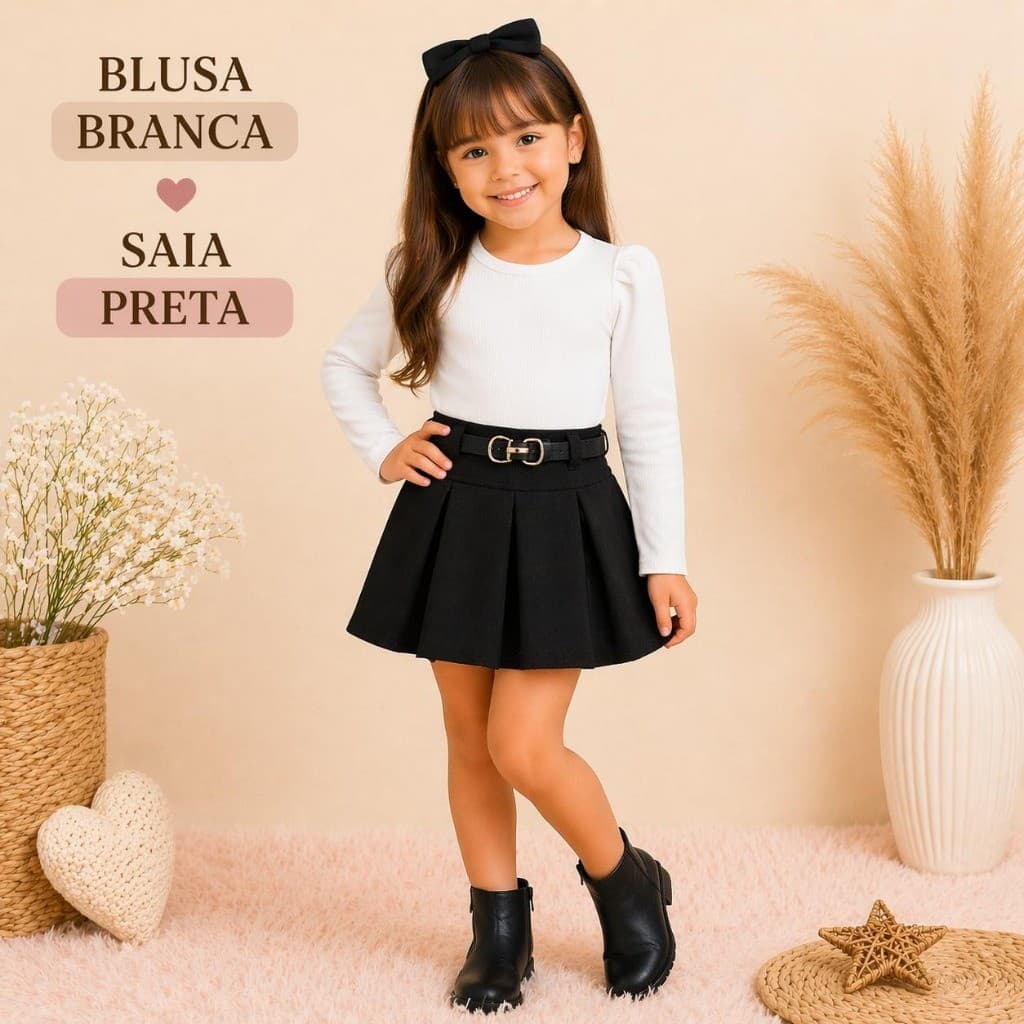 Conjunto Infantil Menina Blusa Canelada Manga Longa + Short Saia Com Cinto 4 a 10 Anos 6 Combinações