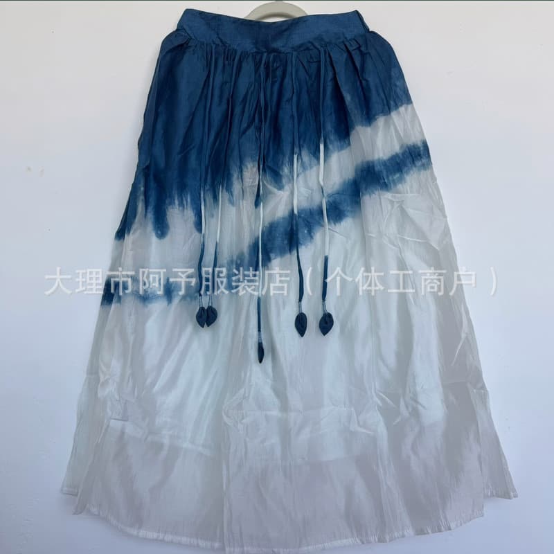 Yunnnan Saia Tie-Dye azul primavera verão vestido saia cobrindo carne estilo étnico saia longa