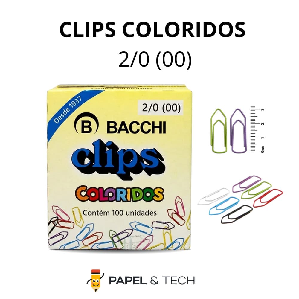 Clips Coloridos 2/0 Bacchi Caixa com 100 Unidades Papel Organizador Escritório
