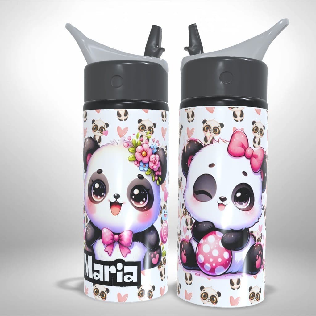 Garrafa Squeeze Alumínio Panda Pandinha Fofa Com Nome Infantil Escolar Presente