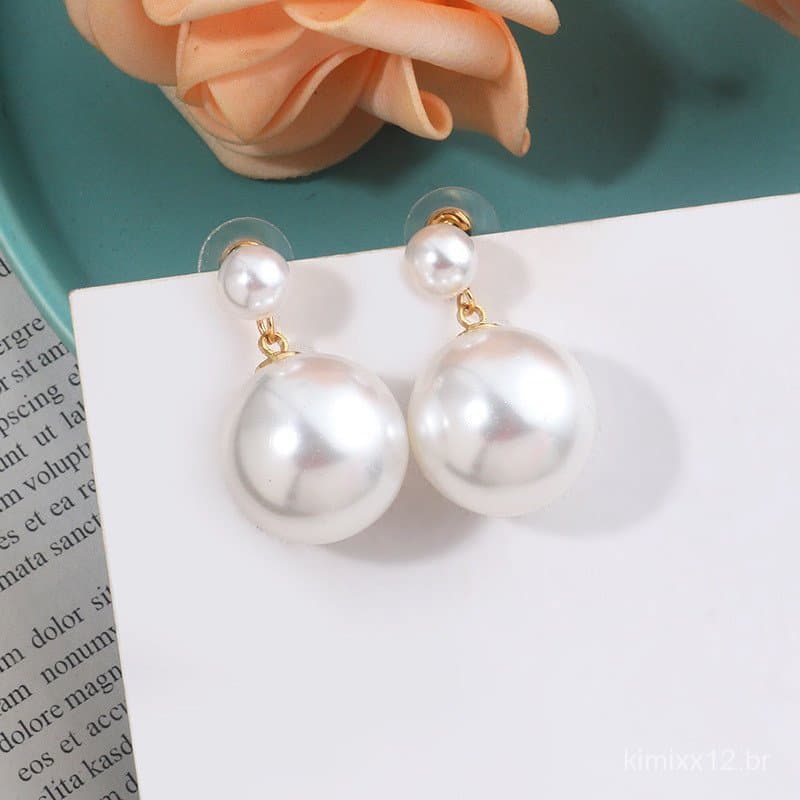 Brincos de Pérola Grande em Prata S925, Novo Estilo Coreano para Mulheres, Elegantes e Estilosos em Estilo Retrô Francês