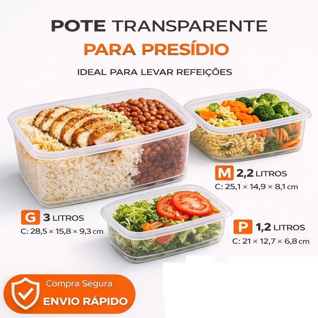 Kit 3 Potes Transparente P M G Retangular presidio penitenciaria alimento organiza congelador