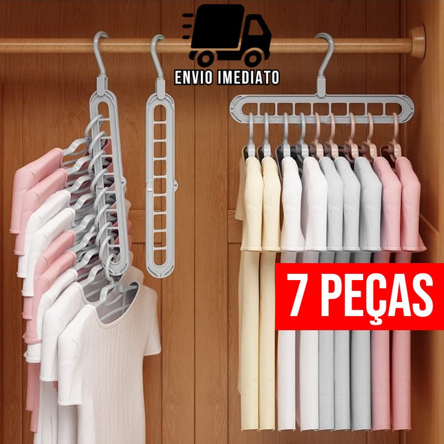 Kit 7 Cabide Magico Organizador de Cabide Dobrável 9 Divisórias Multiuso 360º