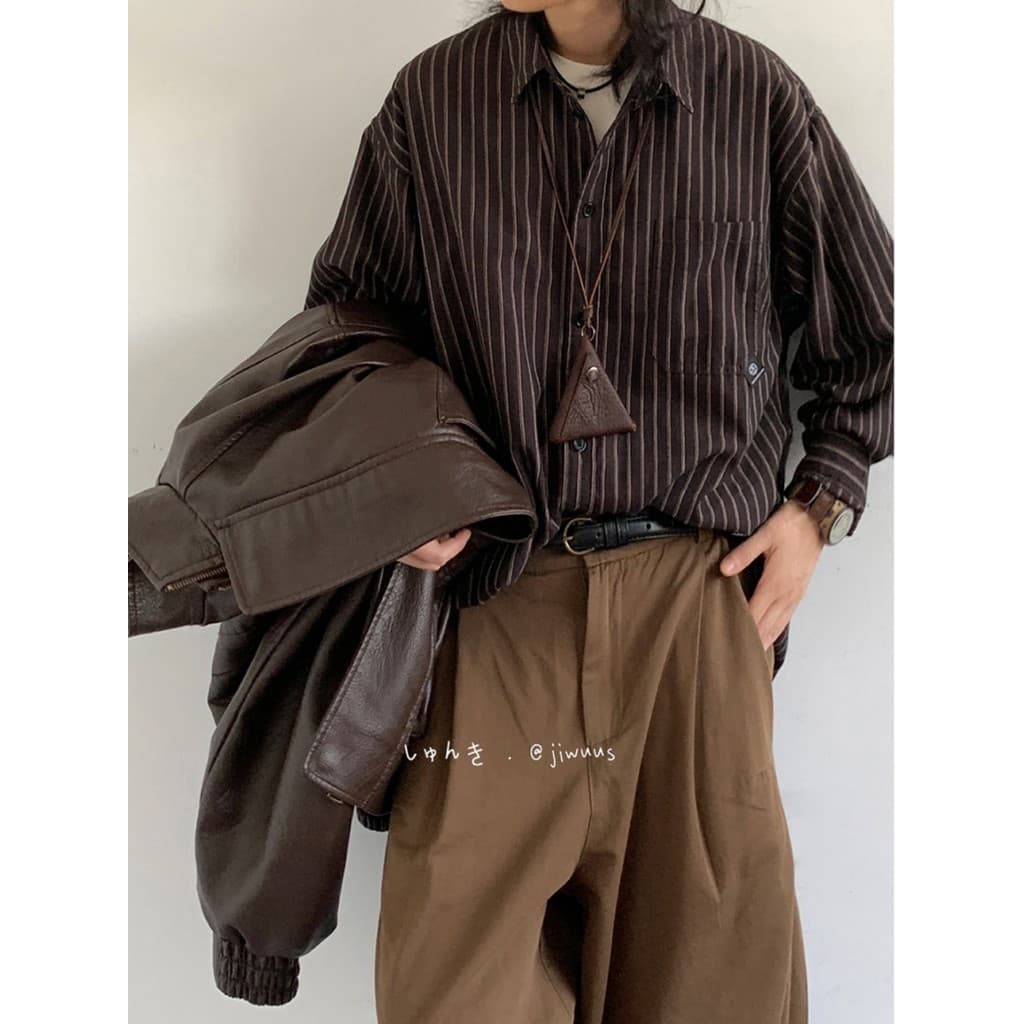 Cityboy primavera outono japonês Retro listrado camisa meninos meninas camisa universitária ins manga longa solta All-Ma