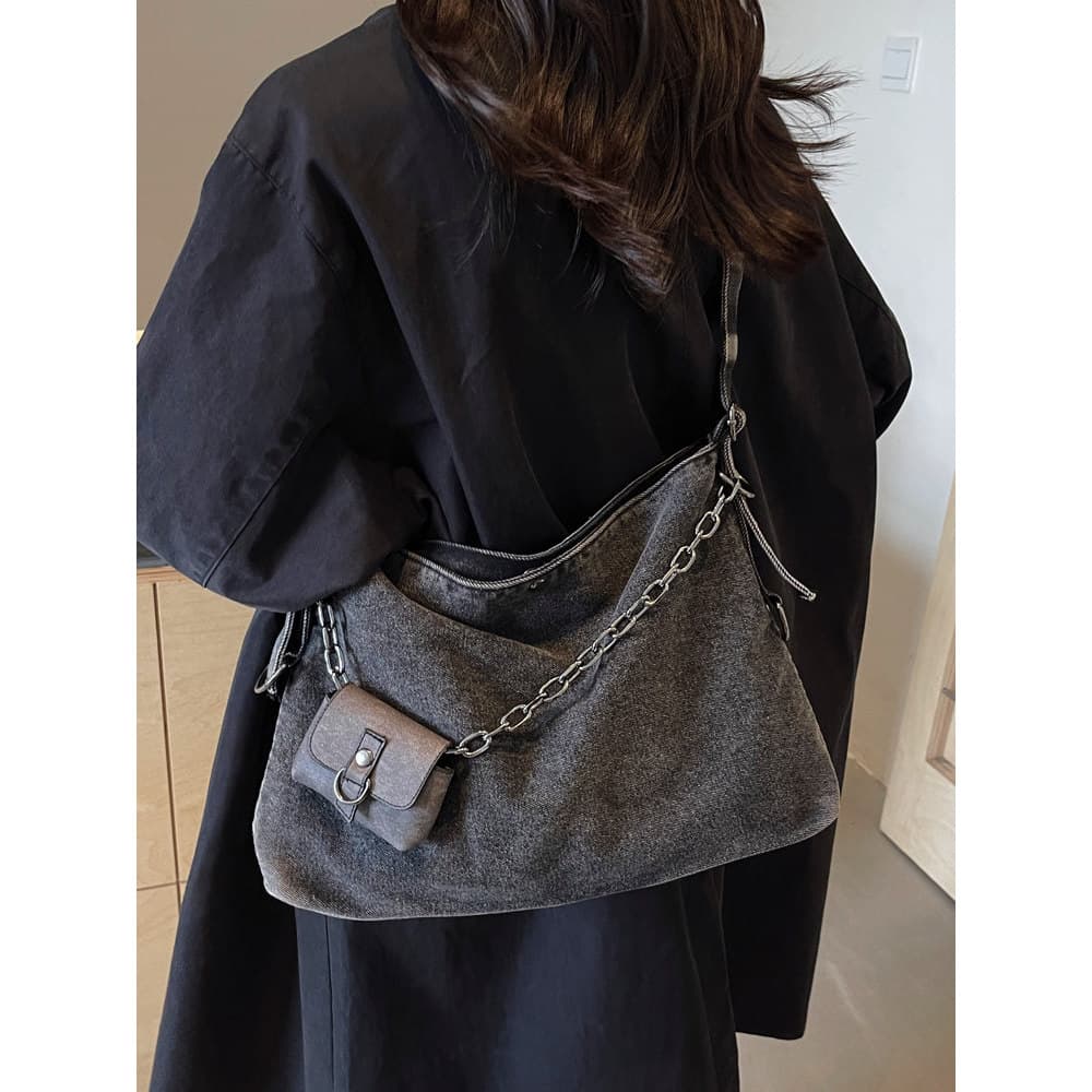 Hong Kong estilo Denim axilas saco feminino 2025 outono inverno novo estilo Retro saco do mensageiro de um ombro grande
