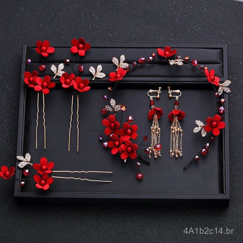 Acessórios de Noiva Originais Tuanming: Conjunto de Tiara e Presilha de Cabelo Florais Vermelhos, Acessório de Cabelo pa