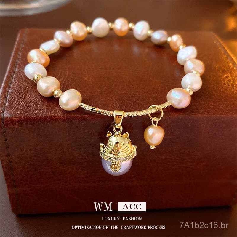 Pulseira de Pérolas com Gato da Sorte de Zircônia, design de luxo leve e exclusivo em estilo francês, joia elegante, mod